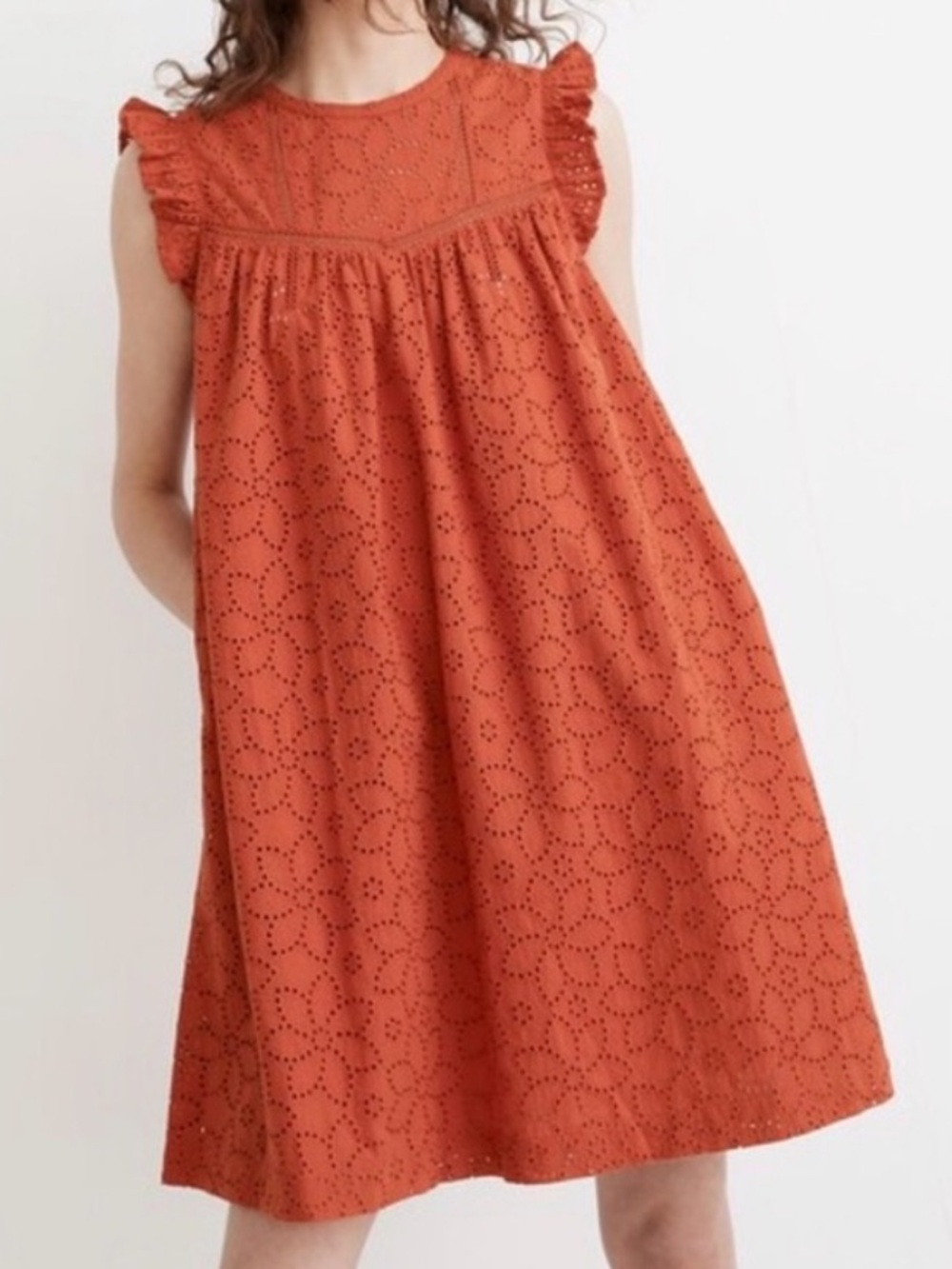 Madewell Eyelet Burnt Orange Flutter Sleeve Cotton Dress Size S